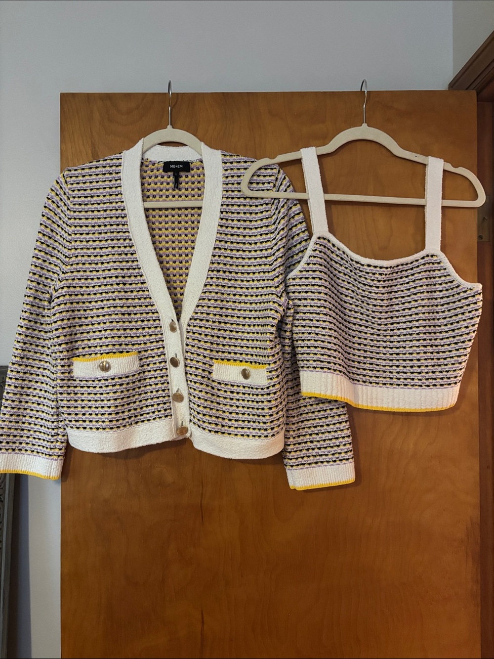 ME+EM Cream Knit Cardigan and Crop Tank with Yellow and Black Trim